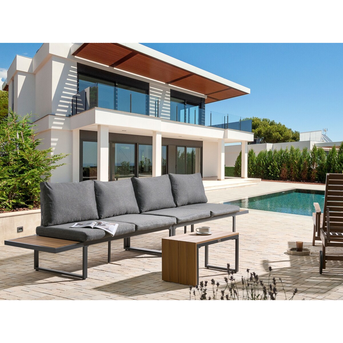 Narożnik ogrodowy ze stolikiem dla 4 osób PIENZA Prawostronny Jasny brąz/ szary