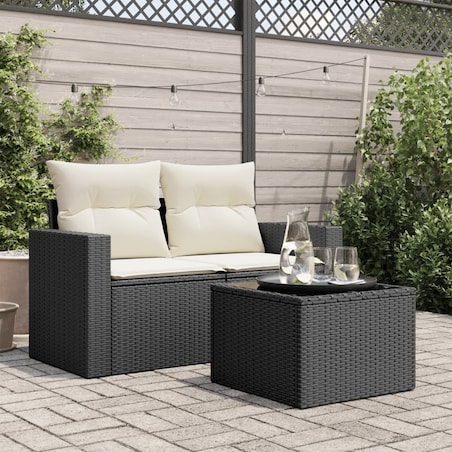 vidaXL Stół ogrodowy ze szklanym blatem, czarny, 55x55x37cm, rattan PE