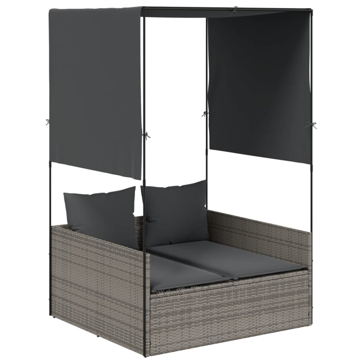 vidaXL Podwójna leżanka z daszkiem i zasłonami, szary polirattan