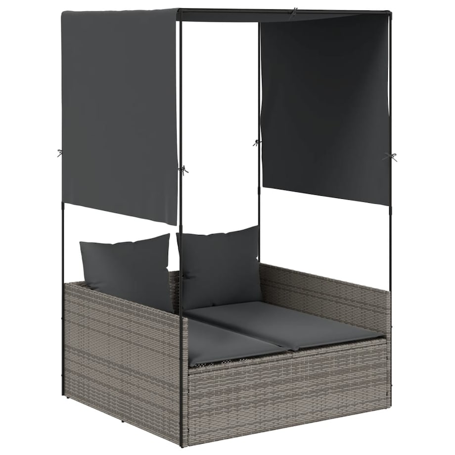 vidaXL Podwójna leżanka z daszkiem i zasłonami, szary polirattan