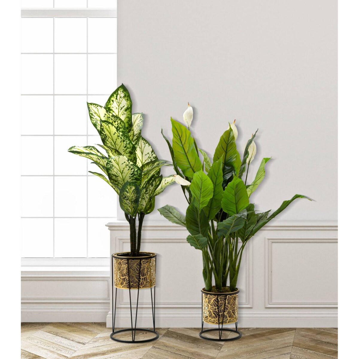 Metalowe osłonki na stojakach, ażurowy wzór roślinny, 2 szt.