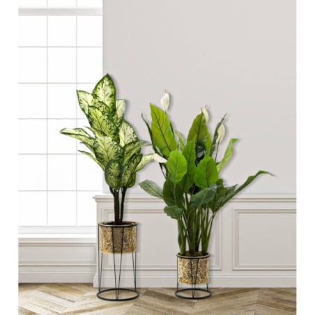 Metalowe osłonki na stojakach, ażurowy wzór roślinny, 2 szt.