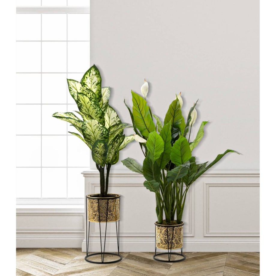 Metalowe osłonki na stojakach, ażurowy wzór roślinny, 2 szt.