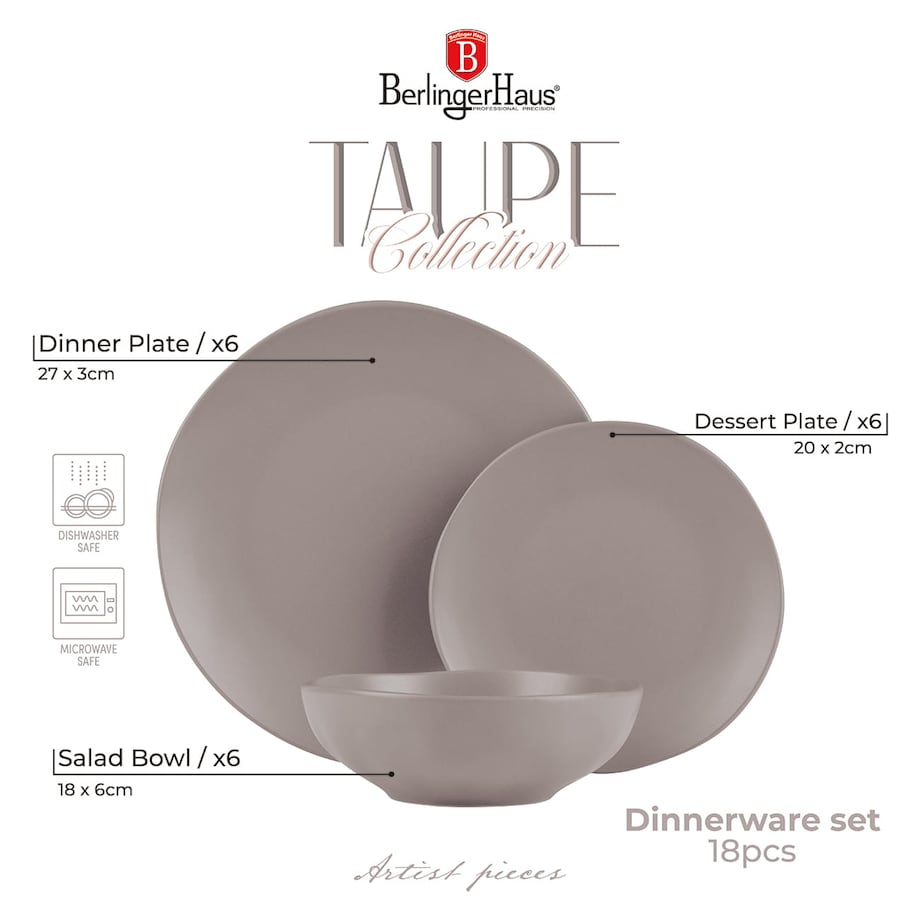 Zastawa stołowa Serwis Komplet talerzy naczyń 18 ele dla 6 osób BERLINGER HAUS Taupe