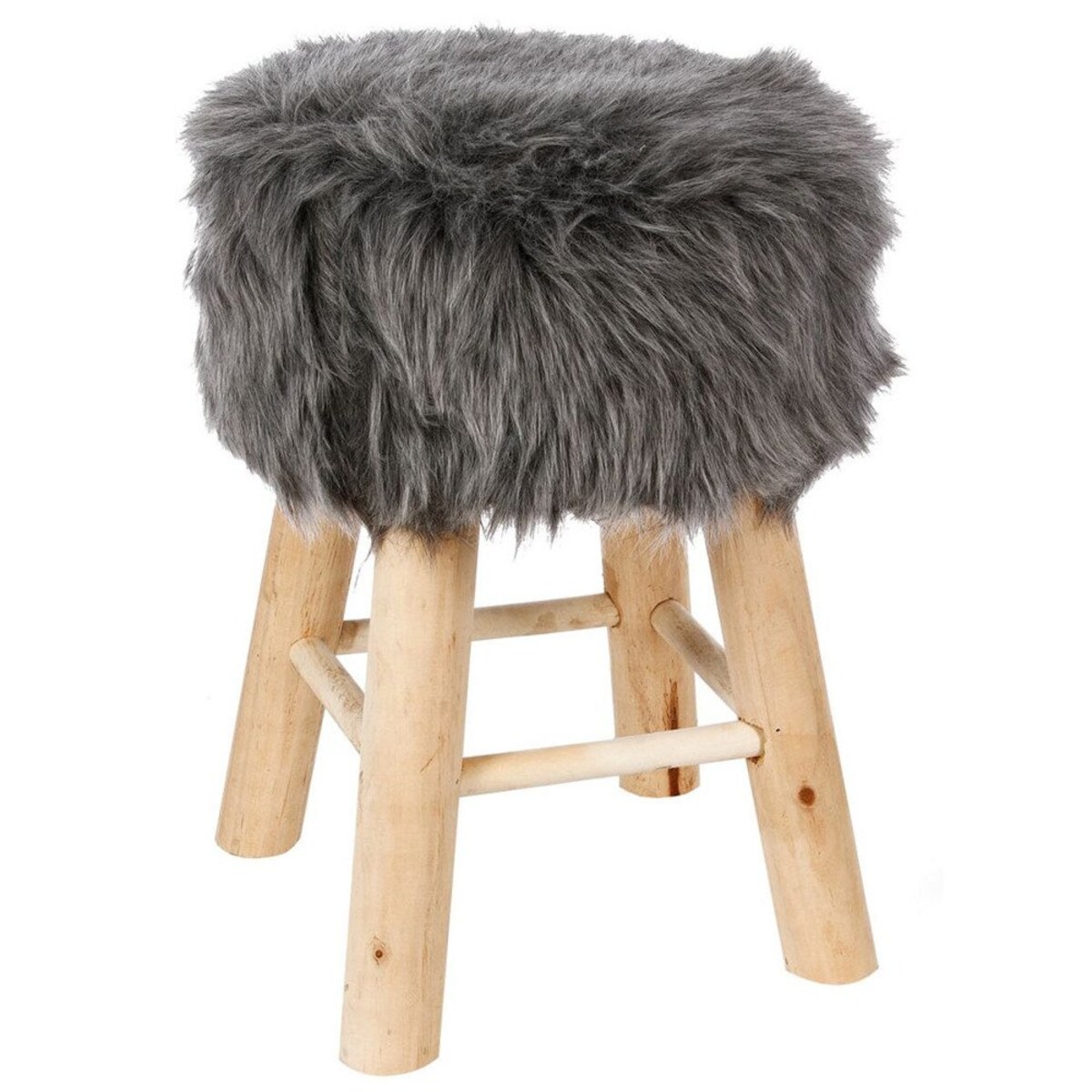 Taboret do siedzenia, niewielki stołek z gustownym obiciem futrzanym, mały podnóżek o uniwersalnym zastosowaniu.