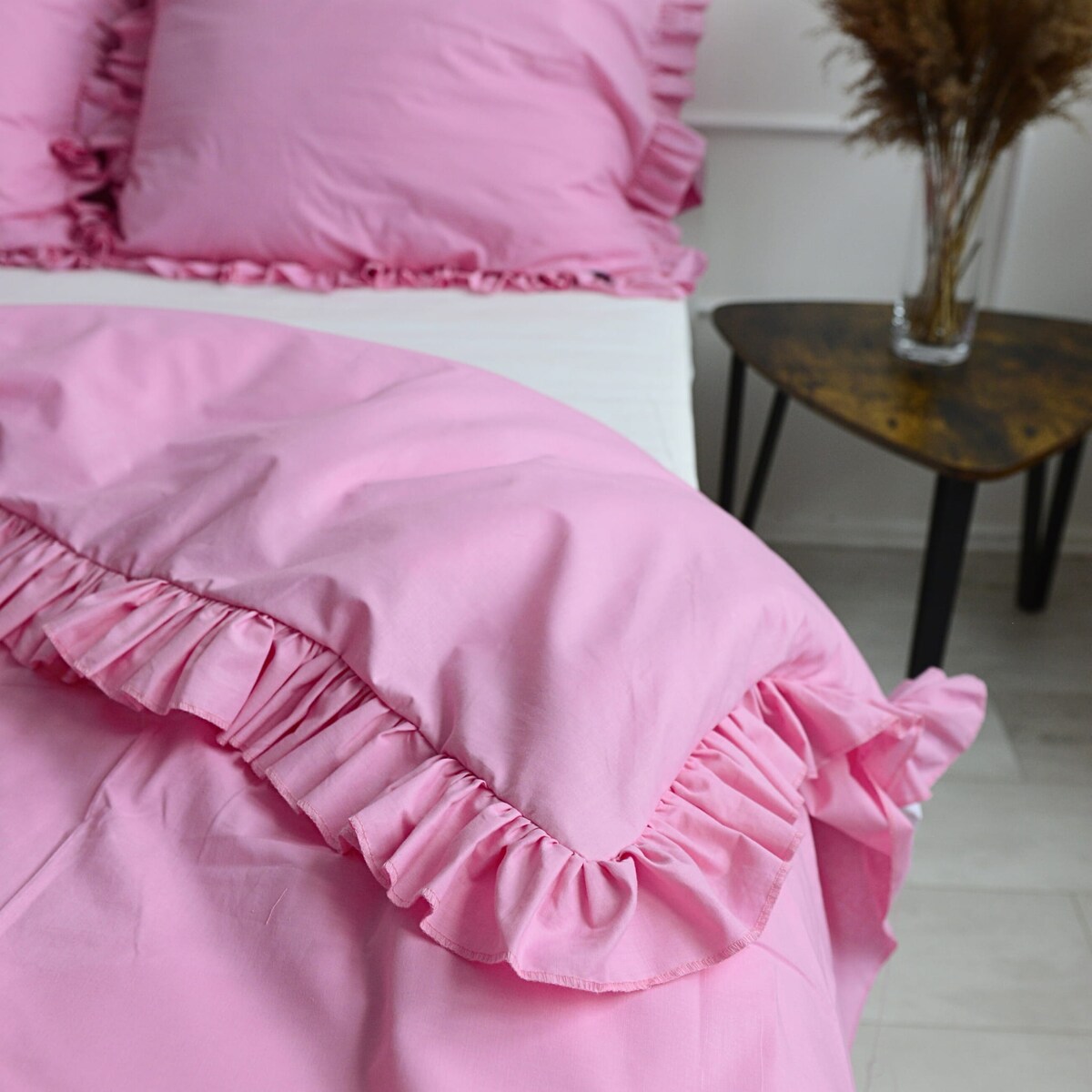 Poszewka Pościel Na Kołdrę Z Ozdobną Falbanką Różowa 220X200 Cm