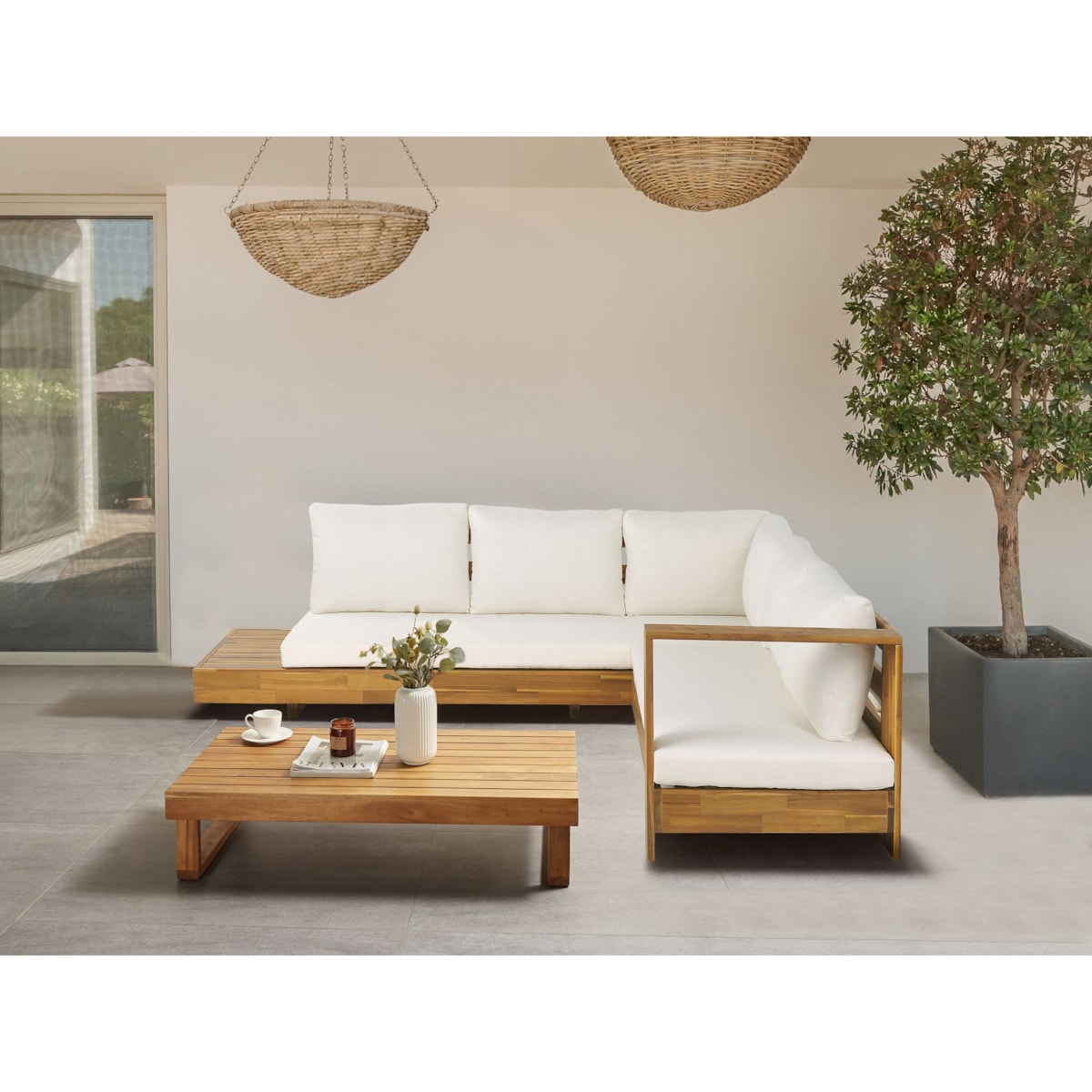 Narożnik ogrodowy ze stolikiem dla 5 osób MARETTIMO Lewostronny Certyfikowane drewno akacjowe Brązowy