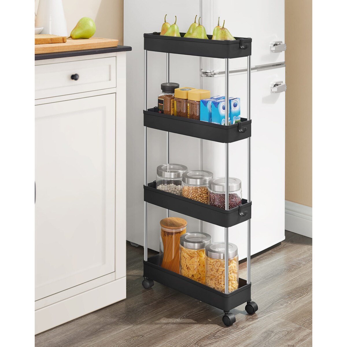 Szafka Na Kółkach 4 Półki Czarna 40X13,5X88 Cm Czarny, Srebrny