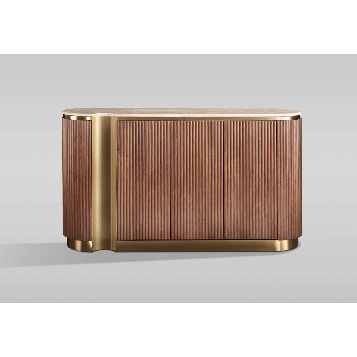 Ryflowana komoda drewniana brązowa złota Nutris Glamour Premium z blatem marmurowym 158x40x88