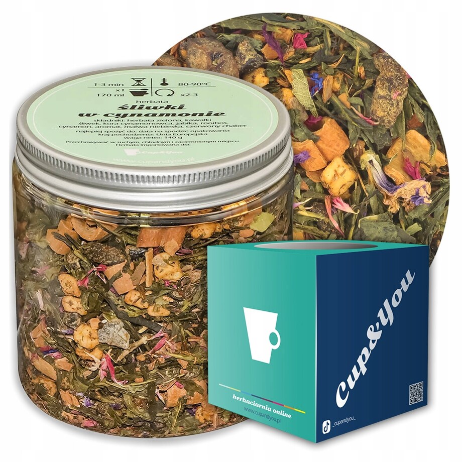 Herbata zielona ŚLIWKI W CYNAMONIE o śliwkowym smaku z cynamonowym akcentem - herbata liściasta sypana mieszanka napar susz - gotowa na prezent upominek