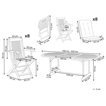 Zestaw ogrodowy dla 8 osób MAUI PREMIUM Drewno akacjowe Beżowoszary
