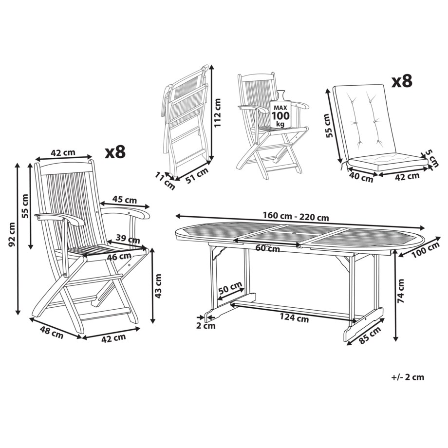 Zestaw ogrodowy dla 8 osób MAUI PREMIUM Drewno akacjowe Beżowoszary