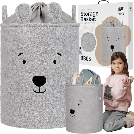 kosz na zabawki sipo, wersja premium boucle, zamykany na ściągacz, szary miś, xl