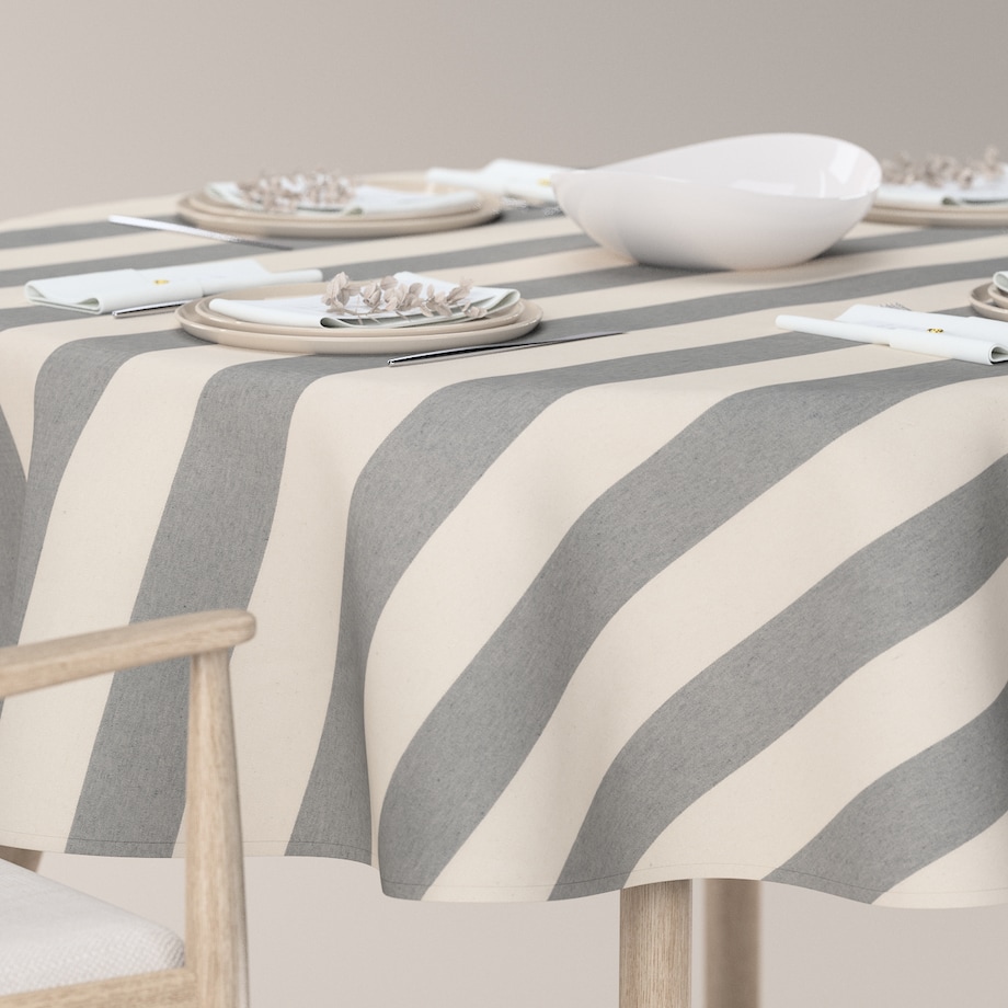 Obrus okrągły 160 x 160 cm biało-szare pionowe pasy (5,5cm)