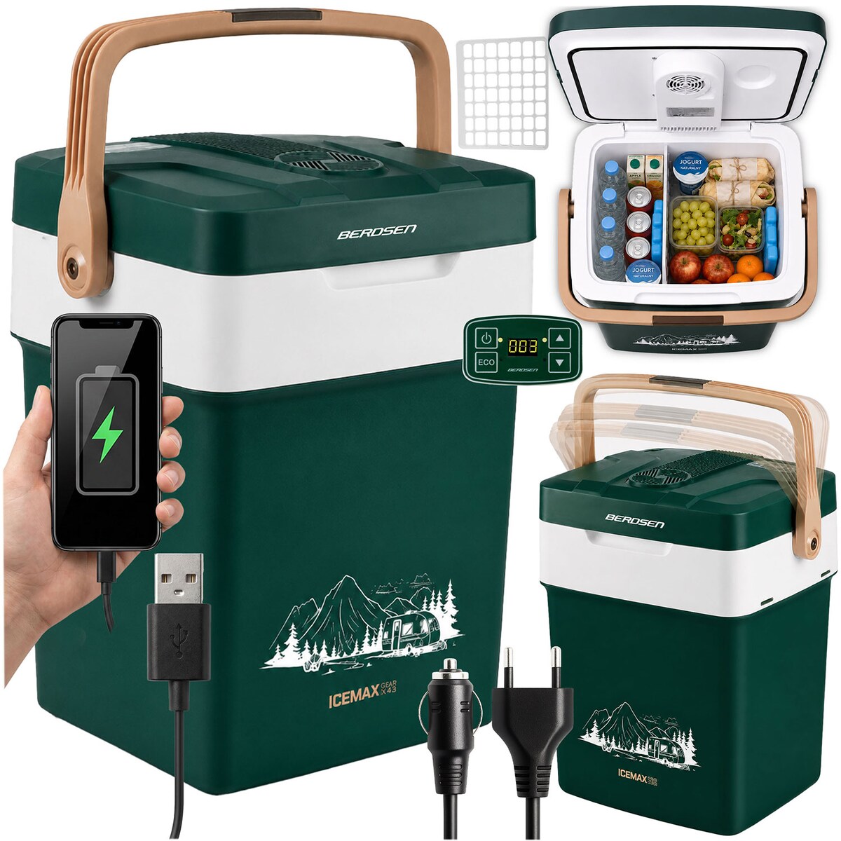 Lodówka turystyczna samochodowa Berdsen Icemax 29L zielona 12V/230V USB funkcja grzania