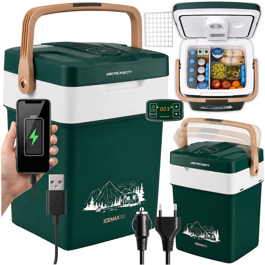 Lodówka turystyczna samochodowa Berdsen Icemax 29L zielona 12V/230V USB funkcja grzania