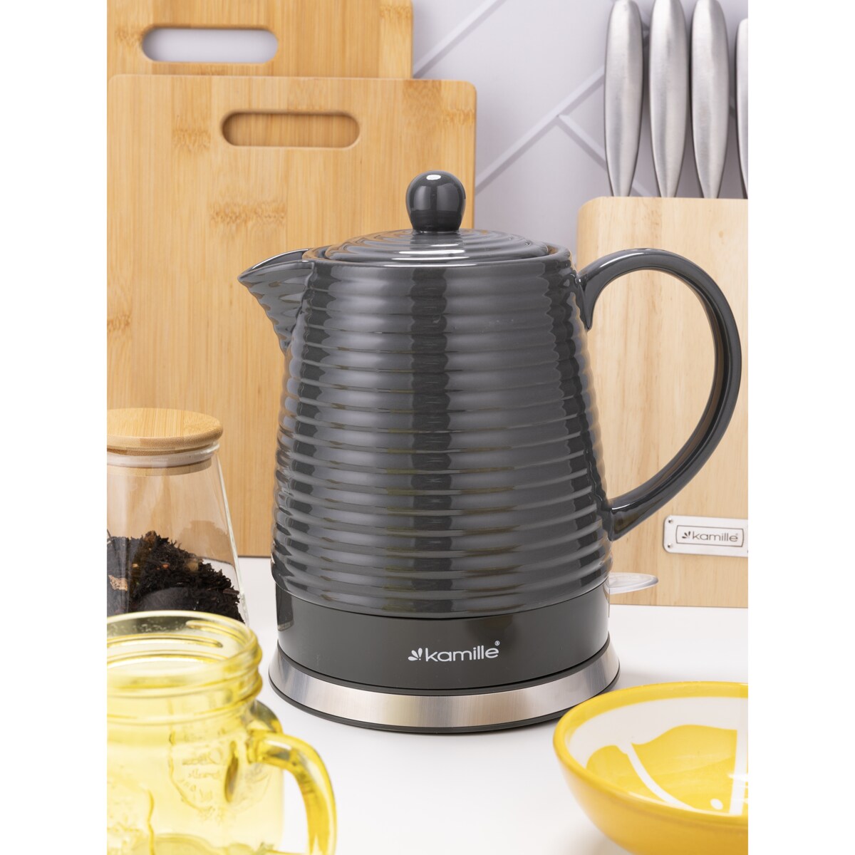 Czajnik elektryczny bezprzewodowy ceramiczny 1200W 1.2L czarny KAMILLE