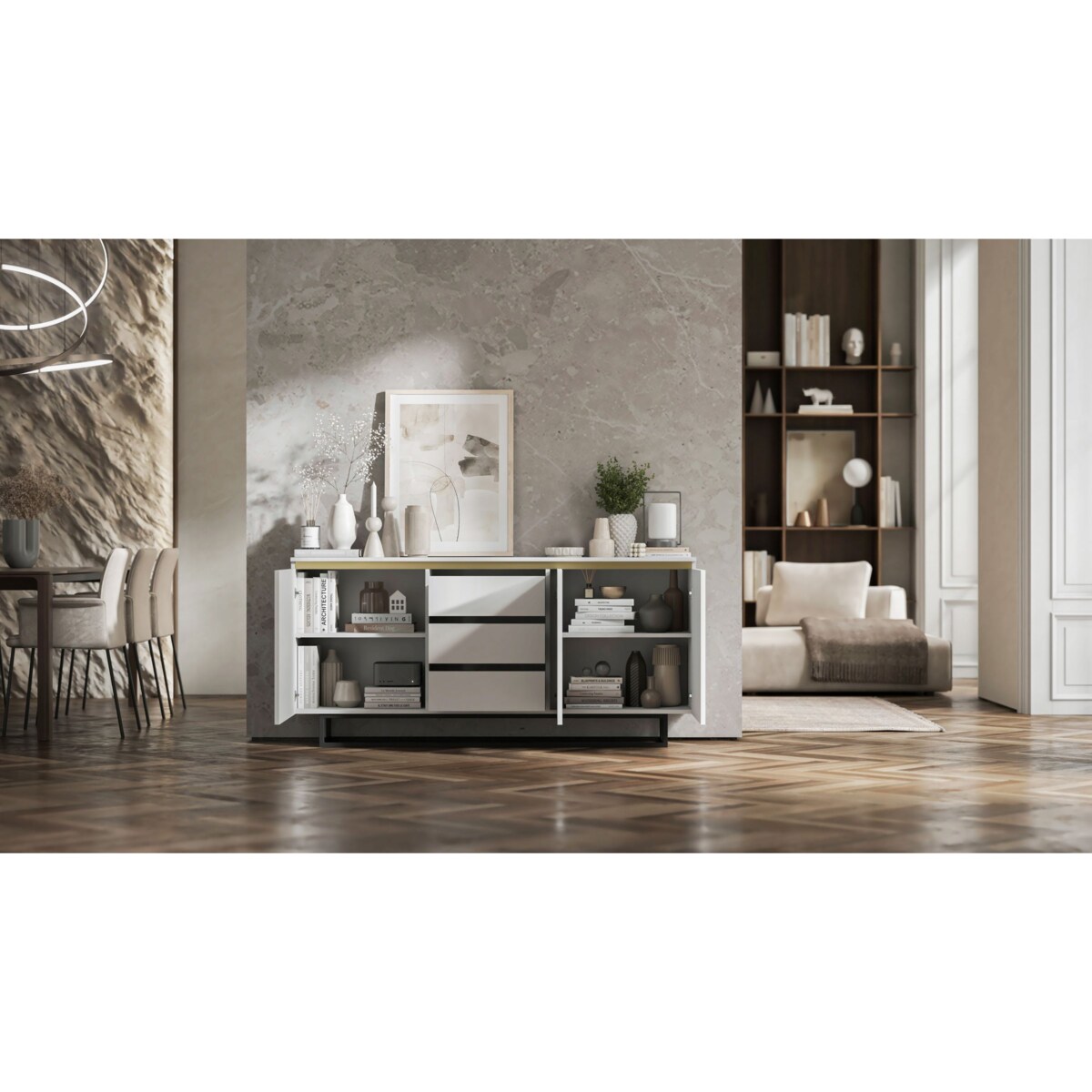 Komoda Glamour Szafka RTV Biały MAT ryflowane fronty czarny stelaż 166,8 cm