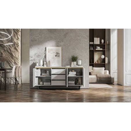Komoda Glamour Szafka RTV Biały MAT ryflowane fronty czarny stelaż 166,8 cm