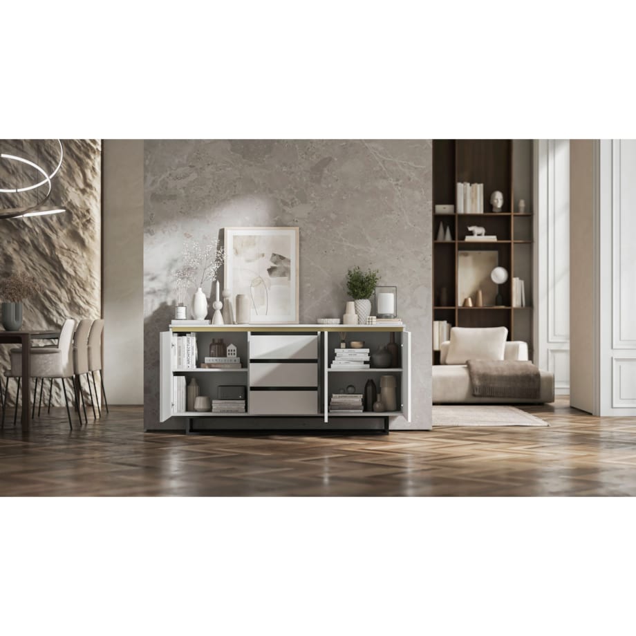 Komoda Glamour Szafka RTV Biały MAT ryflowane fronty czarny stelaż 166,8 cm