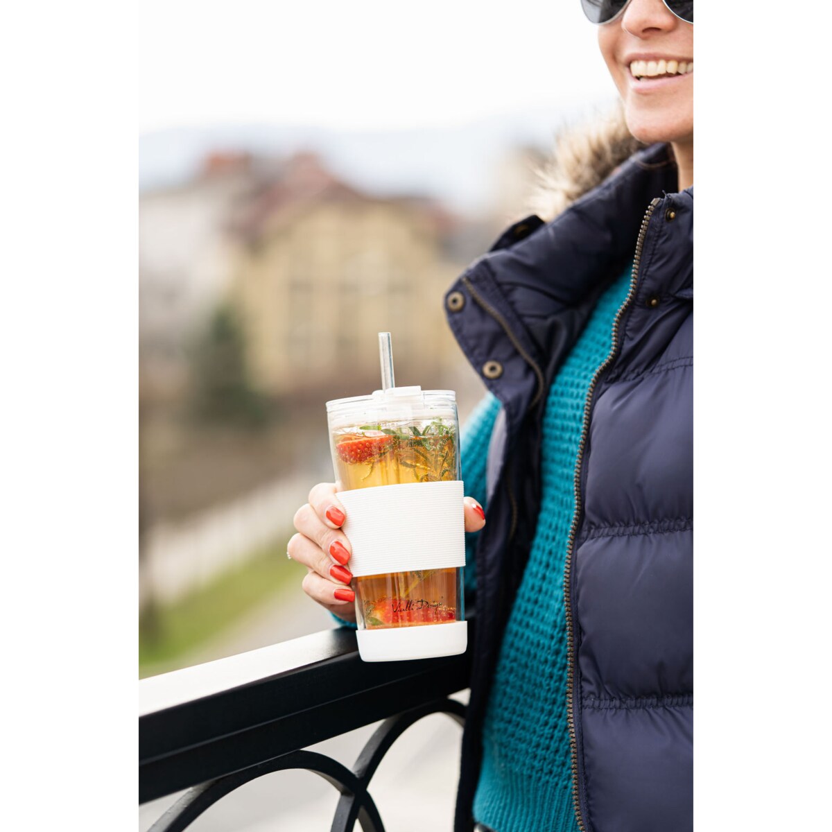 Kubek termiczny szklany ze słomką 600 ml biały Fuori 30404