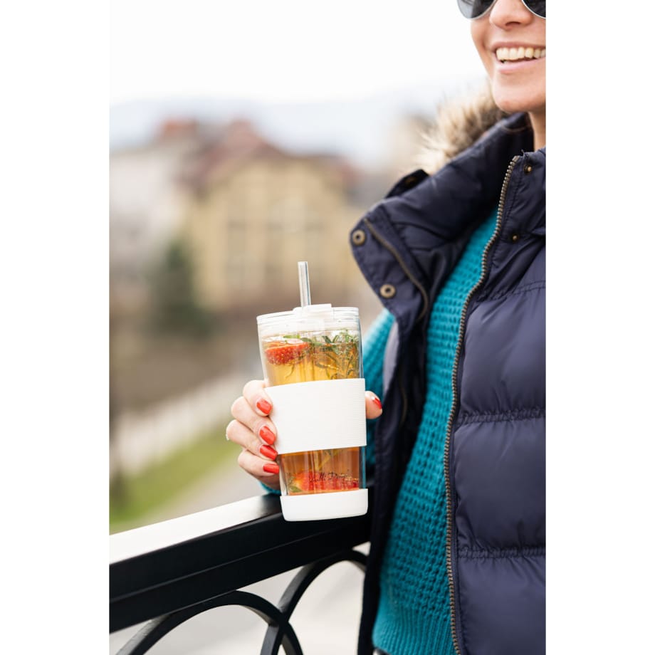 Kubek termiczny szklany ze słomką 600 ml biały Fuori 30404