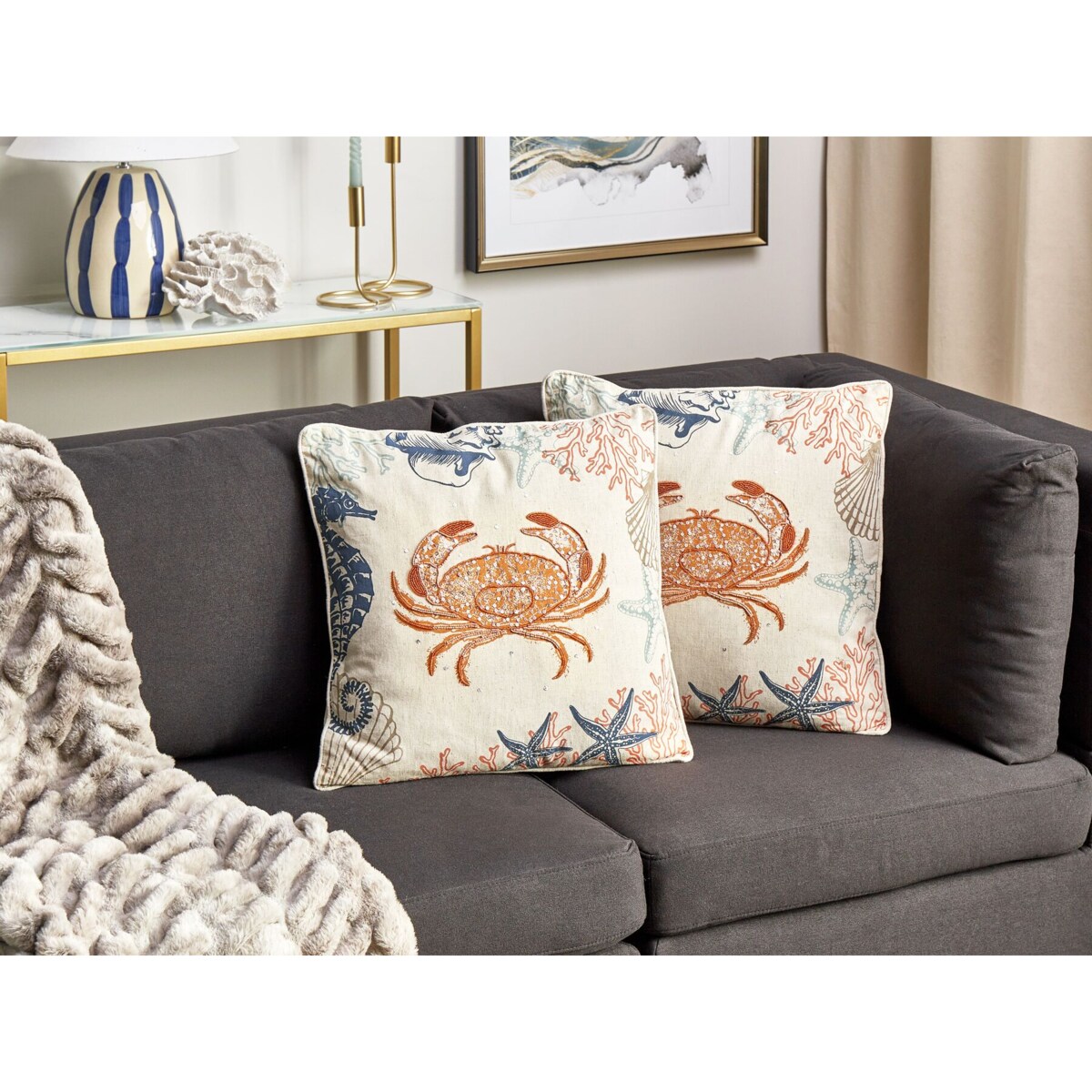 2 poduszki dekoracyjne w kraby lniane 45 x 45 cm beżowe SARGASSUM