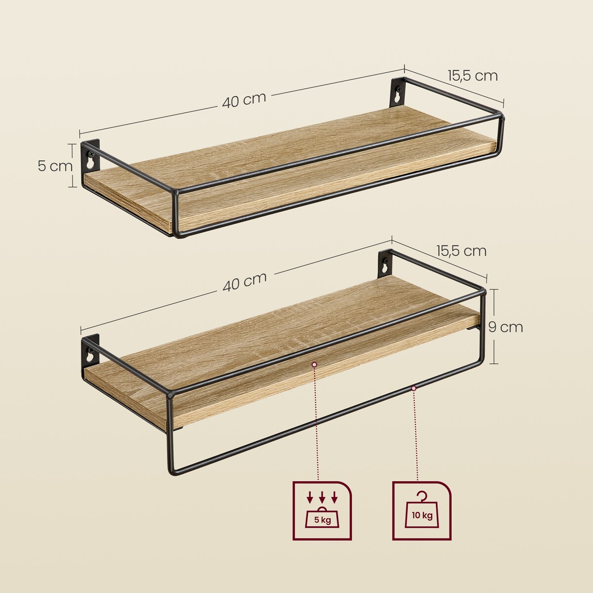 Zestaw 2 Półek do salonu, Sonoma, w stylu nowoczesnym, czarny