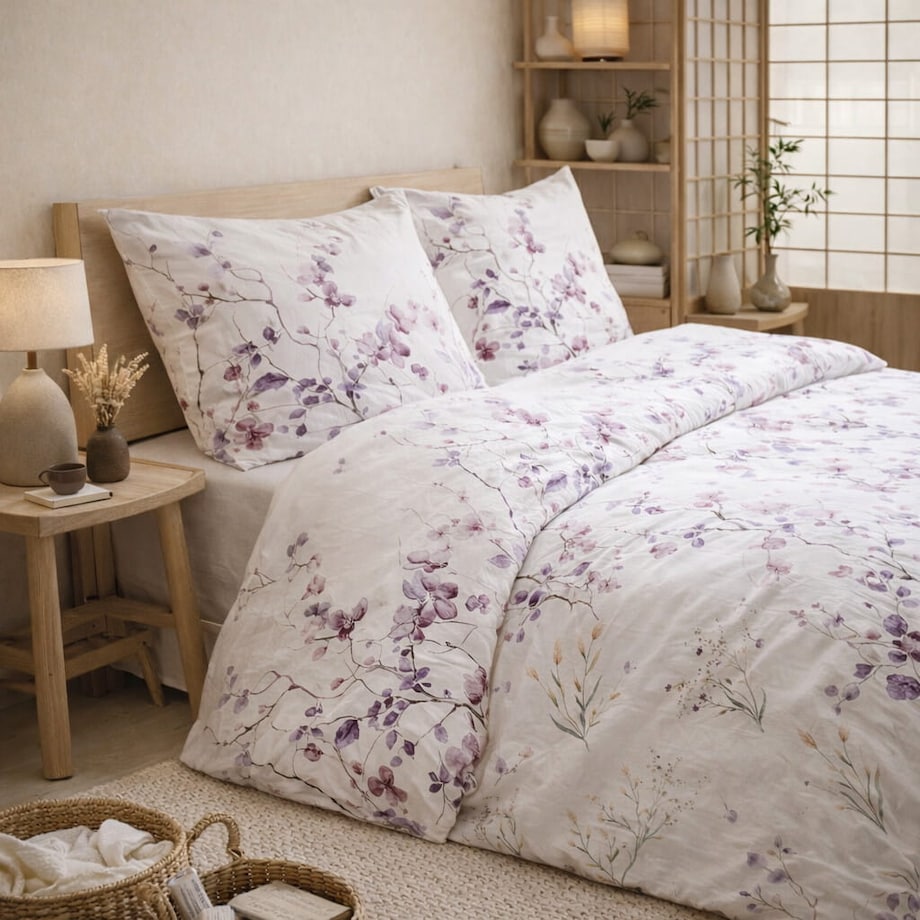 Pościel bawełniana Sakura 200x220 cm fioletowa biała