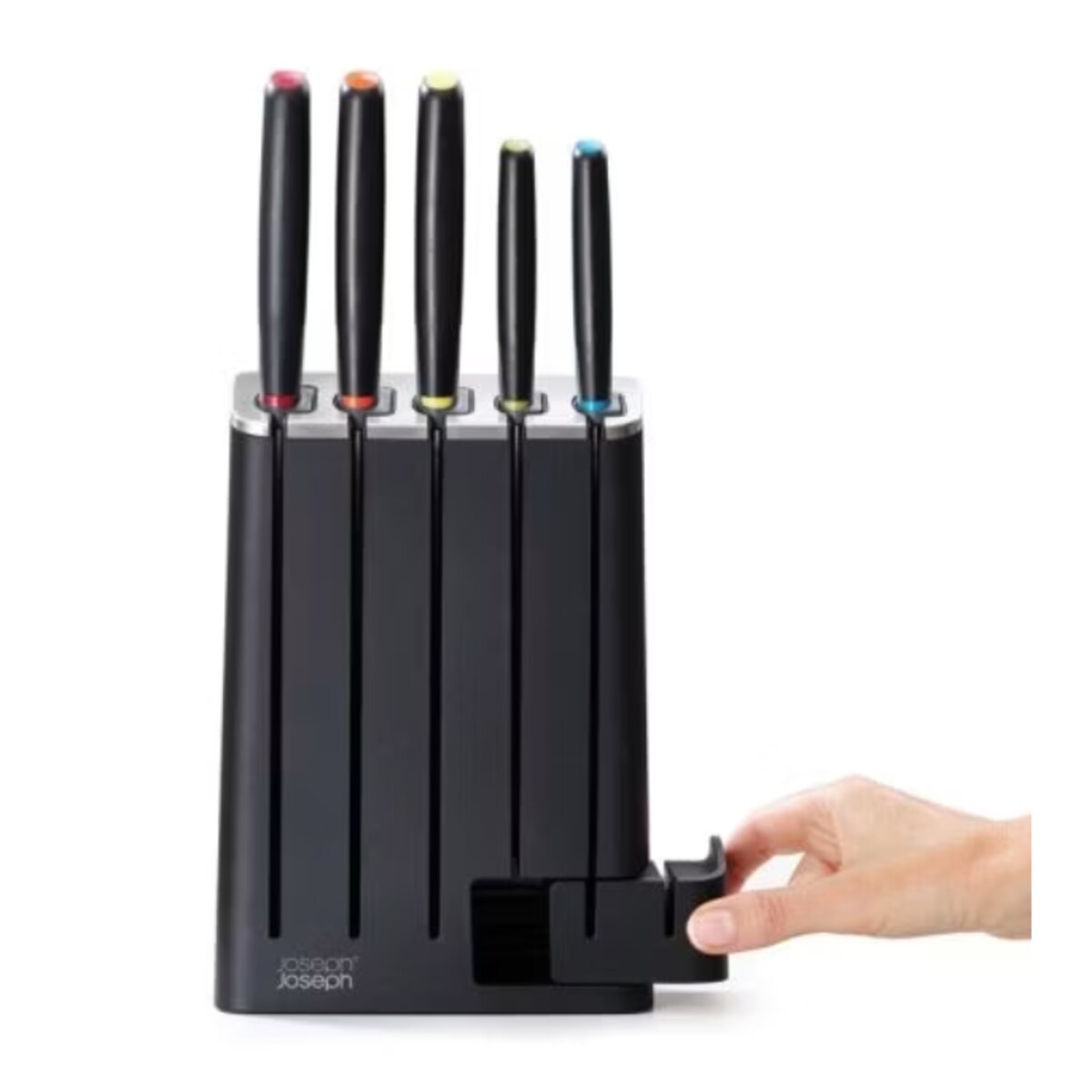 Zestaw 5 noży w bloku z ostrzałką Elevate, Joseph Joseph