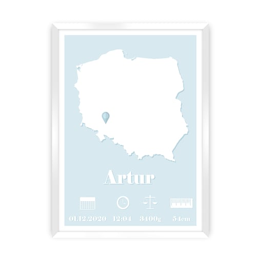 Metryczka The Map baby blue, 30x40