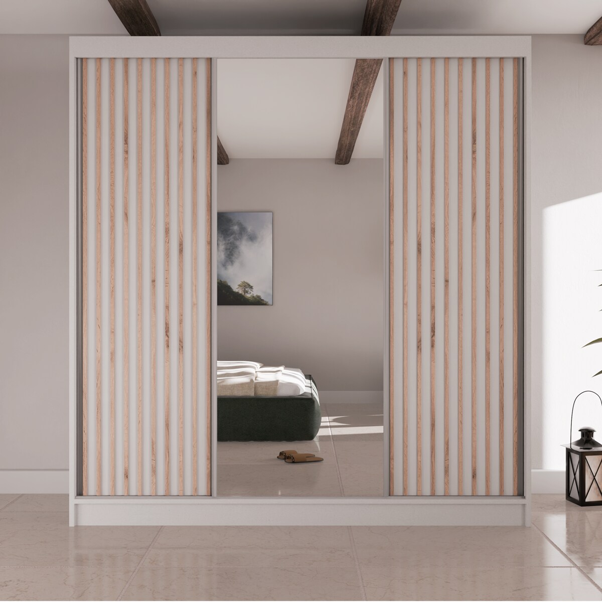 Szafa przesuwna lamele V200 z lustrem i szufladami do przedpokoju- biała