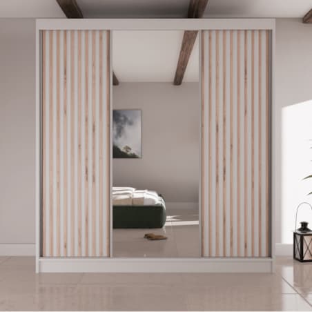 Szafa przesuwna lamele V200 z lustrem i szufladami do przedpokoju- biała