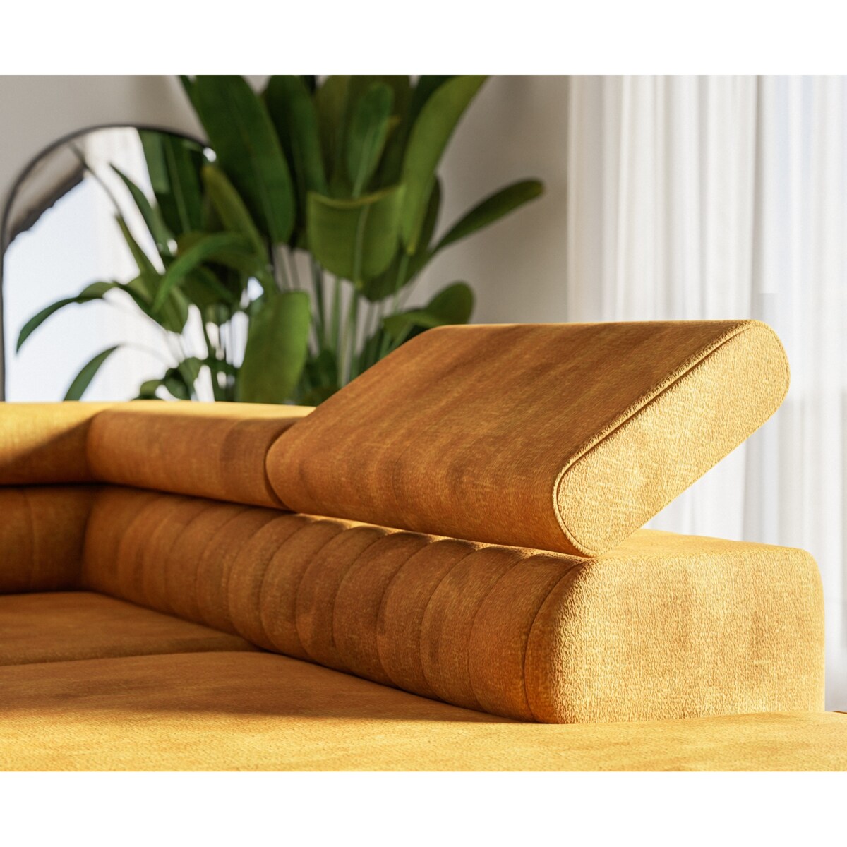 Narożnik NOLA do salonu, regulowane zagłówki-prawostronny-Terra musztardowa