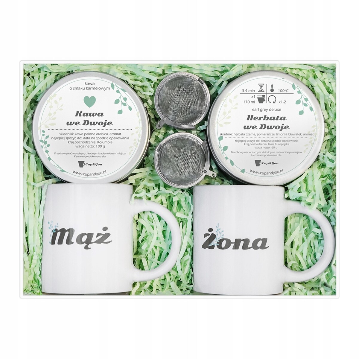 Zestaw prezentowy Box Ślubny z kawą i herbatą dla Męża i Żony z akcesoriami