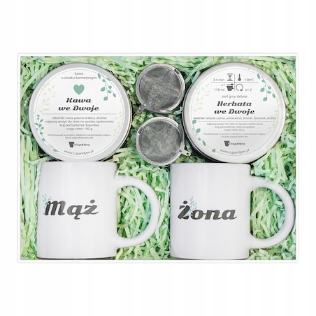 Zestaw prezentowy Box Ślubny z kawą i herbatą dla Męża i Żony z akcesoriami