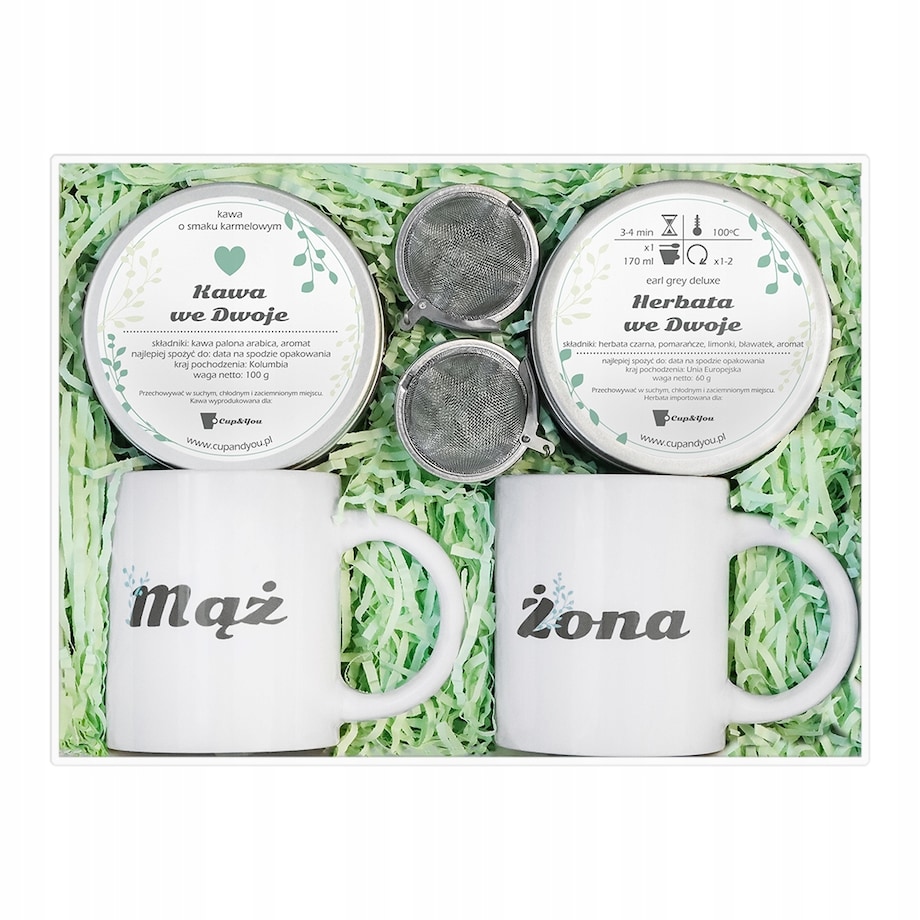 Zestaw prezentowy Box Ślubny z kawą i herbatą dla Męża i Żony z akcesoriami