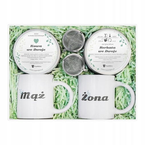 Zestaw prezentowy Box Ślubny z kawą i herbatą dla Męża i Żony z akcesoriami