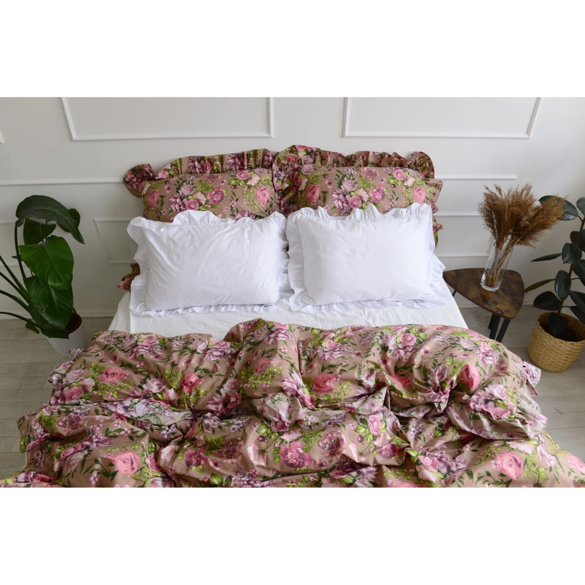 Pościel Bawełniana Z Falbanką Zestaw Komplet Do Sypialni Kołdra + 4 Poduszki 160X200 Różowe Kwiaty Biel