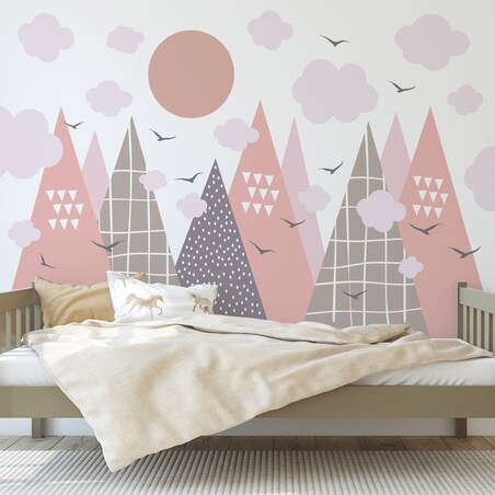 NAKLEJKI NA ŚCIANĘ DLA DZIECI JASNORÓŻOWE GÓRY STYL SKANDYNAWSKI ZESTAW