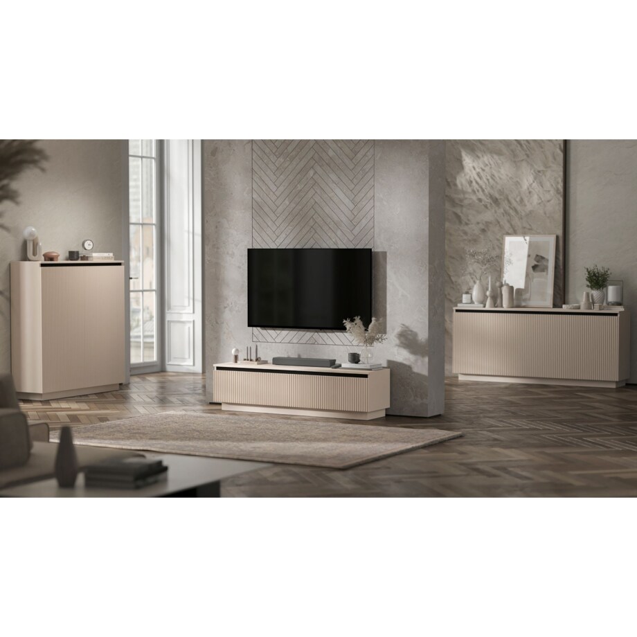 Nowoczesna Komoda Glamour Szafka RTV Kaszmir MAT ryflowane fronty 110,8 cm