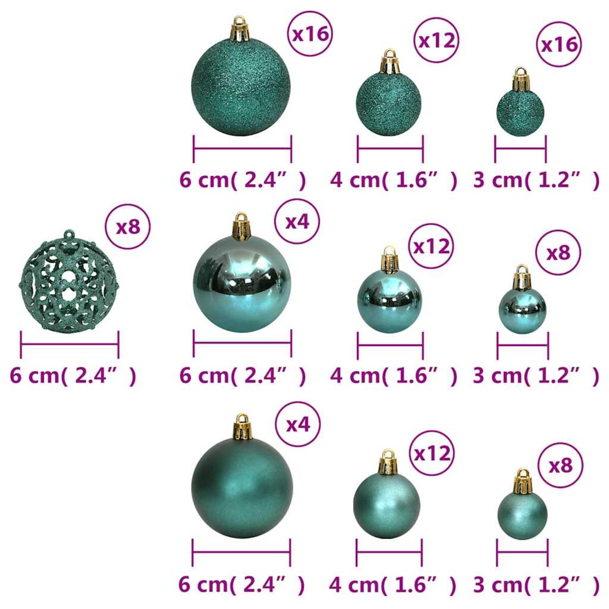 vidaXL Bombki świąteczne, 100 szt., zielone, 3/4/6 cm