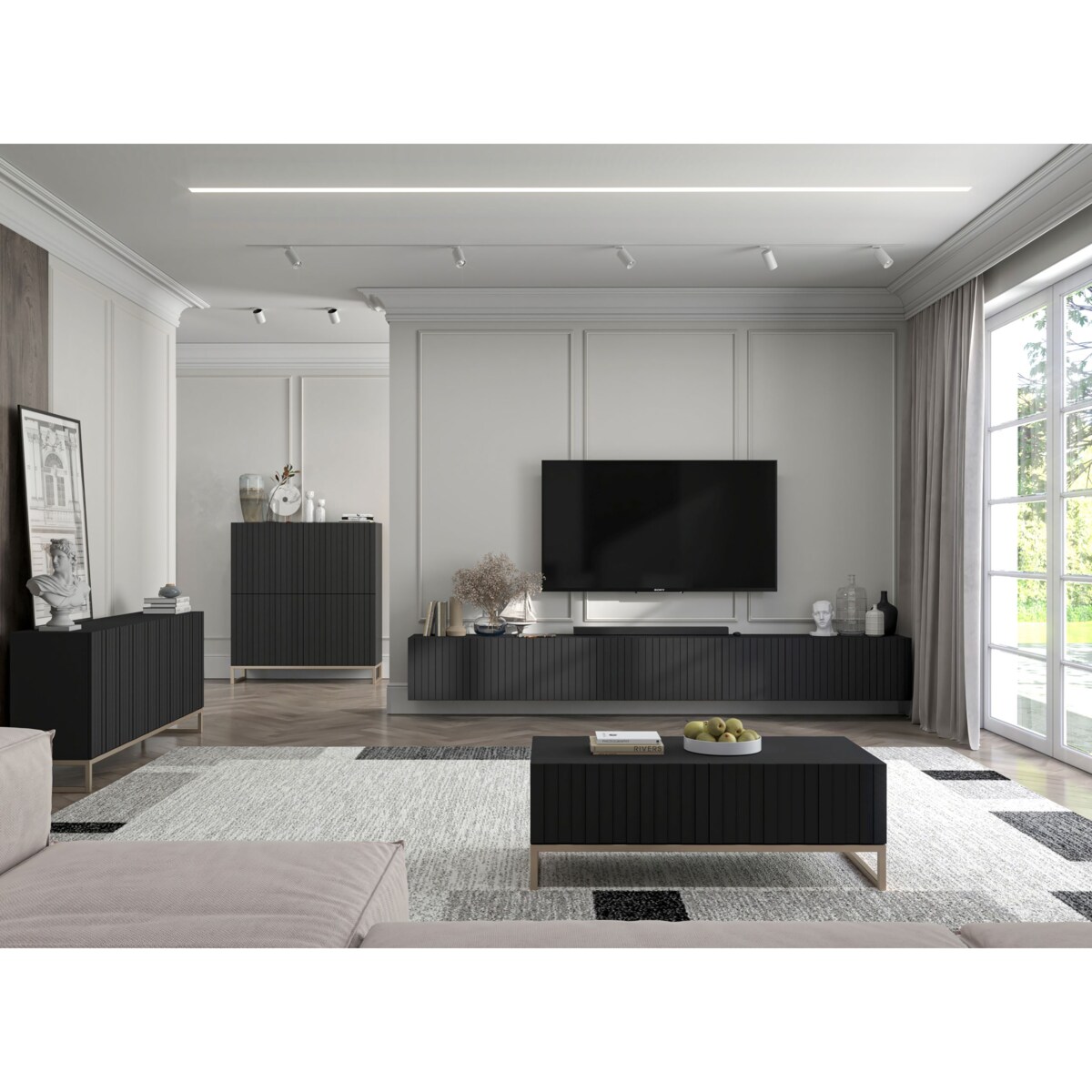 Wisząca Szafka RTV Glamour Nowoczesna Komoda RTV Czarny MAT 300 cm