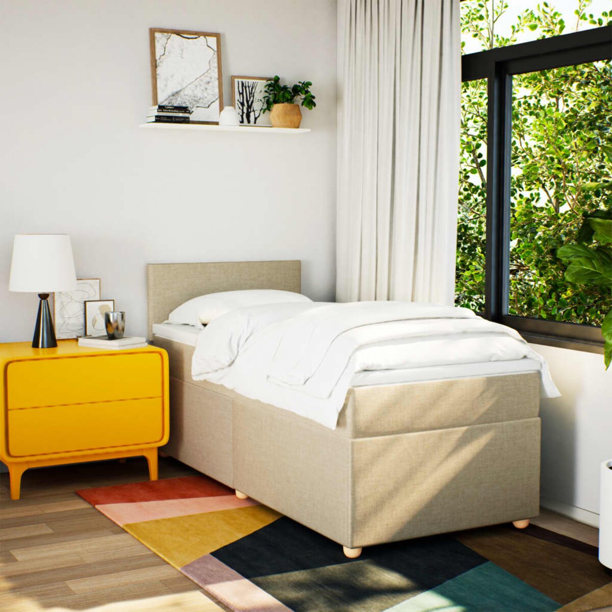 vidaXL Łóżko kontynentalne z materacem, kremowe, tkanina, 90x200 cm