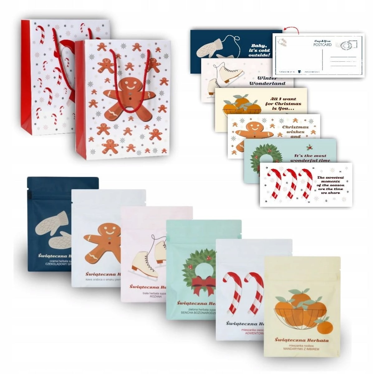 ŚWIĄTECZNY ZESTAW PREZENTOWY KAWA SMAKOWA HERBATY POCZTÓWKI TORBA - PREZENT UPOMINEK NA MIKOŁAJA ŚWIĘTA GWIAZDKĘ BOŻE NARODZENIE POD CHOINKĘ DLA KOBIETY FACETA
