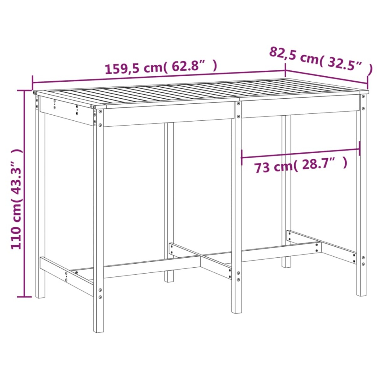 vidaXL Stół ogrodowy, 159,5x82,5x110 cm, lite drewno sosnowe