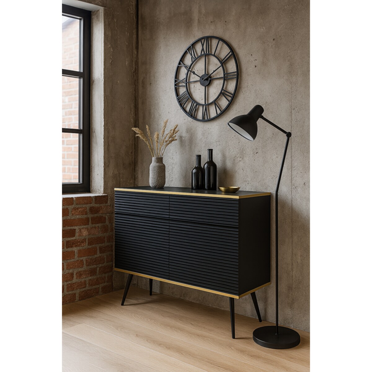 Komoda krótka 107 POLO ryflowana, na wysokich czarnych nóżkach, czarna