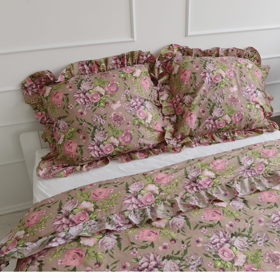 Pościel Bawełniana Z Falbanką Zestaw Komplet Do Sypialni Różowe Kwiaty 180X200 Cm + 2 Poduszki 70X80 Cm