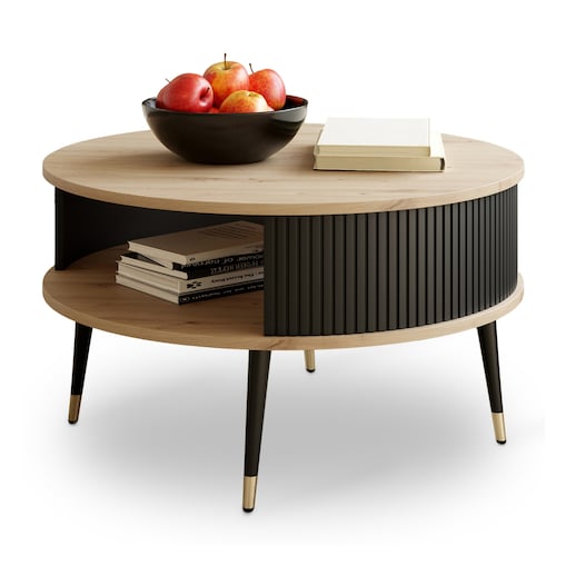 Stolik DO SALONU Okrągły Lamelowy DĄB ARTISAN Złote Nogi NOWOCZESNY 76 cm