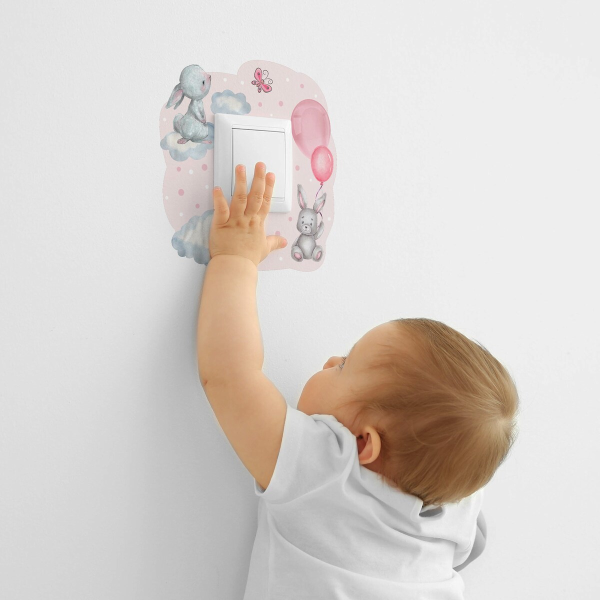 Naklejka Pod Kontakt Dla Dzieci Króliczki Różowe Balony Kropki Chmurki 20x20cm